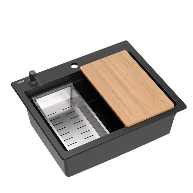 Quadri Durham schwarzer Granit-Aufsatzspüle 595x500 mit Seifenspender, Schneidebrett, Einlegebecken und Rollmatte 1208957904