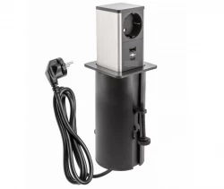 Indux Push ausziehbare schwarze Steckdose Erdung Typ F, mit 1xUSB A und 1xUSB C mit Edelstahlabdeckung 1208957930