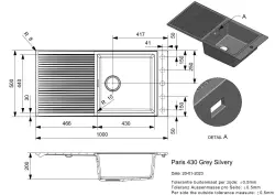 Reginox Paris 430 Regi Granit-Spüle Grau 100x50 cm, Oberflächen-Einbau, reversibel, mit Hahnlochbank, Rollmatte und Edelstahl-Druckknopf R36891
