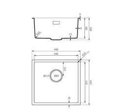 Lorreine BQ Serie Spülbecken 44x41cm Unterbau, Schwarz mit schwarzem Stecker 40BQ37-FU