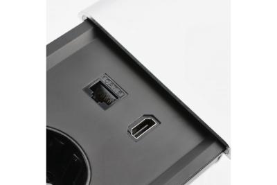 PRESTINO versenkbare Schreibtisch-Verlängerungskabel, 2x französische Steckdose, USB A+C, RJ45, HDMI, Kabel 1,5m, Silber 1208958675