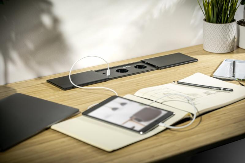 PRESTINO versenkbare Schreibtisch-Verlängerungskabel, 2x französische Steckdose, USB A+C, RJ45, HDMI, Kabel 1,5m, Silber 1208958675