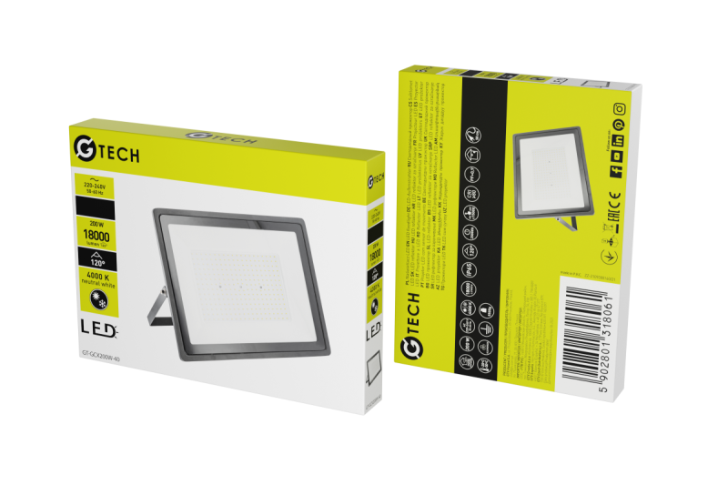 G-TECH LED Flutlicht, 18000lm, AC220-240V, 50/60 Hz, PF>0,9, RA>80, IP65, 120°, 4000K, schwarz 1208959187