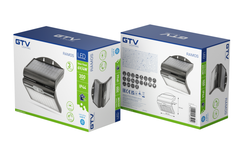 RAMOS Solarfassadenleuchte mit Bewegungs-/Dämmerungssensor, 50W, 300lm, 3,7V 1800mAh, IP44, 6000K, Schwarz 1208963115