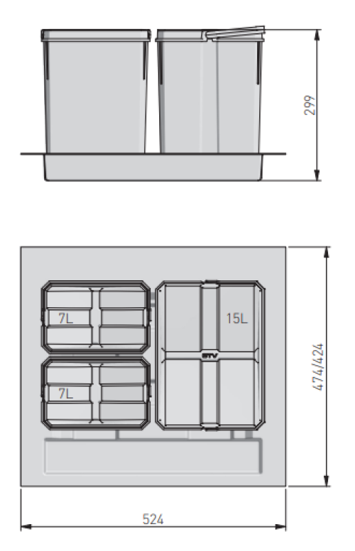 Garbi Basket B-60-3 Mülltrennsystem für Schublade 60 cm inkl. Halterung und 3 Mülleimer 1208964399