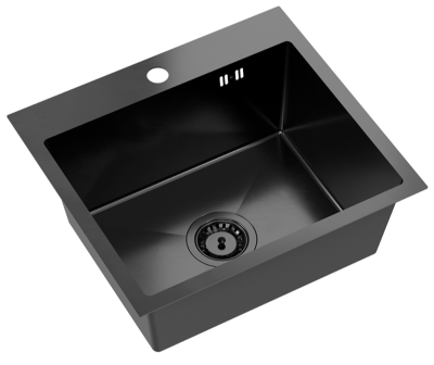 Quadri Dixton 50 Set schwarze Nano PVD-Edelstahlspüle 500x450 mm mit Hahnloch, aufliegend und schwarze Küchenarmatur Coventry