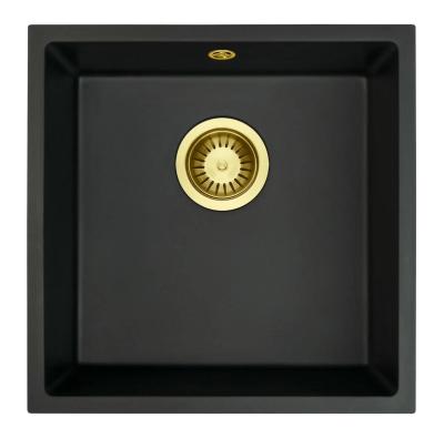 GraniteMy Universal-Granitspülbecken Schwarz 40x40cm, Aufliegend, Unterbau und flächenbündig, mit Goldstecker 1208967113