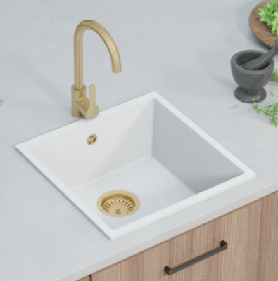 GraniteMy Universal Granit-Spülbecken 40x40 cm, Weiß, Aufliegend, flächenbündig und Unterbau, mit goldenem Stecker 1208967127