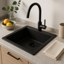 GraniteMy Universal-Granitspülbecken 34x40 cm, Schwarz, Aufliegend, flächenbündig und Unterbau, mit schwarzem Stecker 1208967143