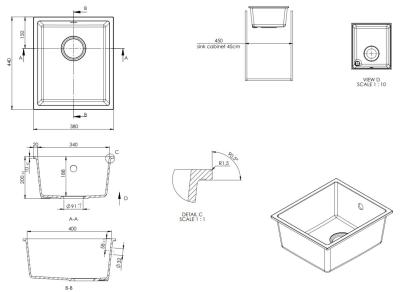 GraniteMy Universal Granit-Spülbecken 34x40 cm, Weiß, Aufliegend, flächenbündig und Unterbau, mit weißem Stecker 1208967146