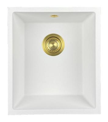 GraniteMy Universal Granit-Spülbecken 34x40 cm, Weiß, Aufliegend, flächenbündig und Unterbau, mit goldenem Stecker 1208967149