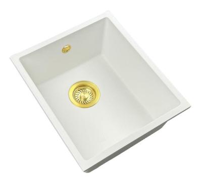 GraniteMy Universal Granit-Spülbecken 34x40 cm, Weiß, Aufliegend, flächenbündig und Unterbau, mit goldenem Stecker 1208967149
