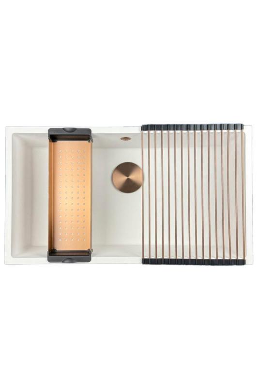 GraniteMy Universal Granit-Spülbecken 74x40 cm, Weiß, Aufliegend, flächenbündig und Unterbau, mit Kupferstecker 1208967162