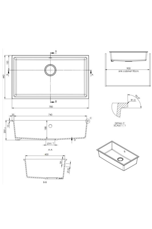 GraniteMy Universal Granit-Spülbecken 74x40 cm, Weiß, Aufliegend, flächenbündig und Unterbau, mit Kupferstecker 1208967162