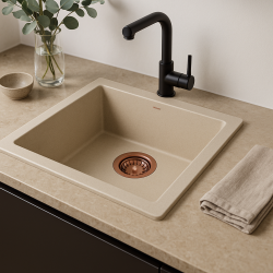 GraniteMy Universal Granit-Spülbecken 40x40 cm, Sandbeige, Aufliegend, flächenbündig und Unterbau, mit Kupferstecker 1208967210