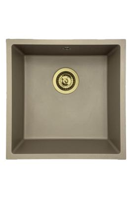 GraniteMy Universal Granit-Spülbecken 40x40 cm, Taupe, Aufliegend, flächenbündig und Unterbau, mit Goldstecker 1208967215