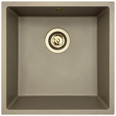 GraniteMy Universal Granit-Spülbecken 40x40 cm, Taupe, Aufliegend, flächenbündig und Unterbau, mit Goldstecker 1208967215