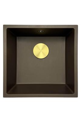 GraniteMy Universal Granit-Spülbecken 40x40 cm, Café, Aufliegend, flächenbündig und Unterbau, mit Goldstecker 1208967218