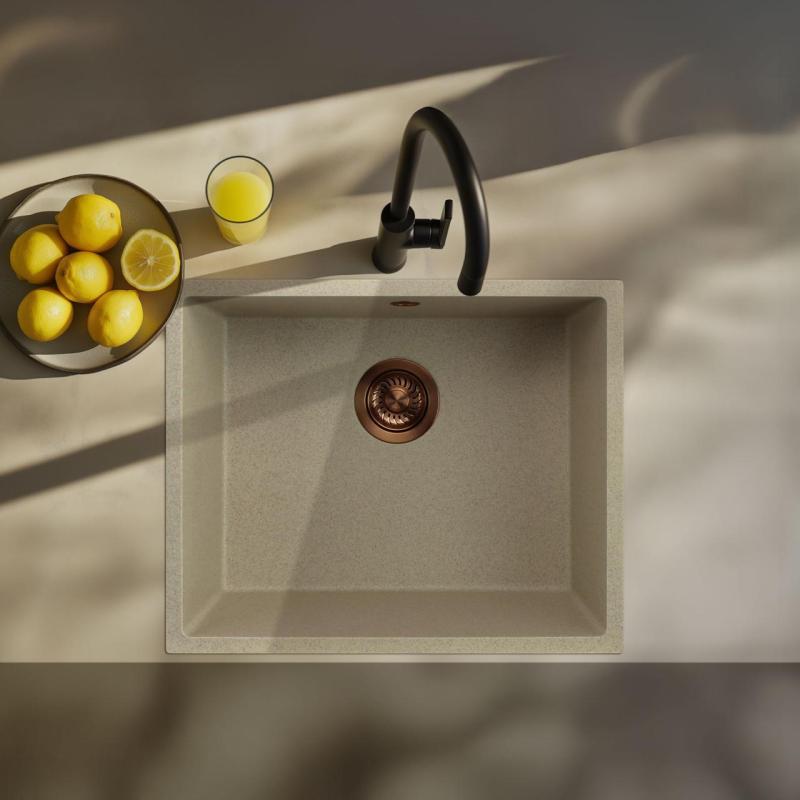 GraniteMy Universal Granit- Spülbecken 50x40 cm, Sandbeige, Aufpliegend, flächenbündig und Unterbau, mit Kupferstecker 1208967221