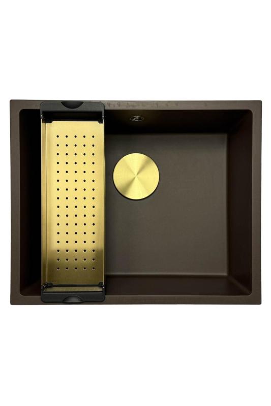 GraniteMy Universal Granit-Spülbecken 50x40 cm, Café, Aufliegend, flächenbündig und Unterbau, mit Goldstecker 1208967230