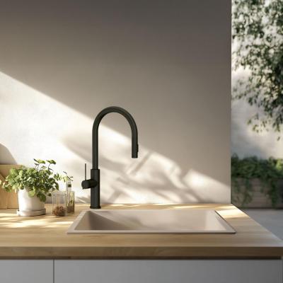 GraniteMy Universal Granit-Spülbecken 40x40 cm, Sandbeige, Aufliegend, flächenbündig und Unterbau, mit schwarzem Stecker 1208967232