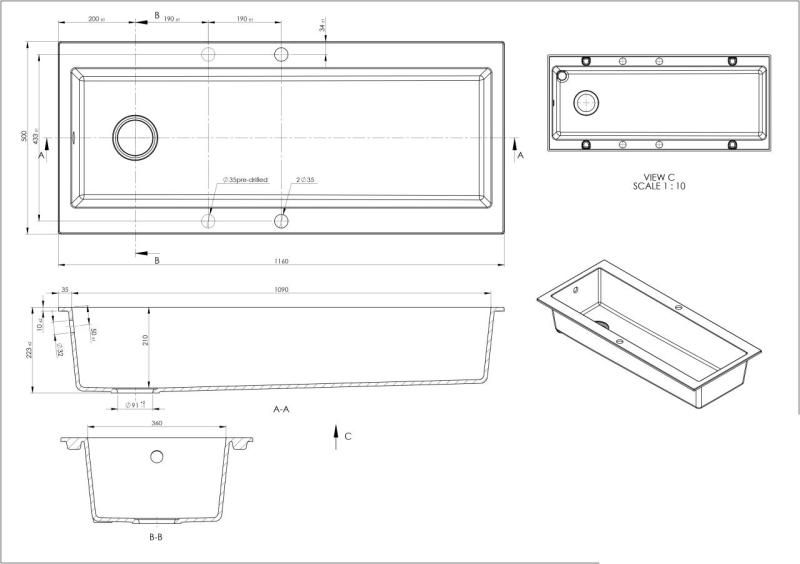 GraniteMy Trog Granit große schwarze Spüle 116x50 cm schwarz Aufsatz mit Armaturenbank mit Kupferstopfen 1208967238