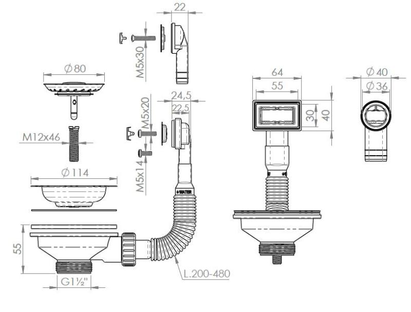 Granitemy Korb-Stopfen-Set, mattschwarz, Abflussset für Spülbecken, inkl. Überlauf, rund und rechteckig 1208967256