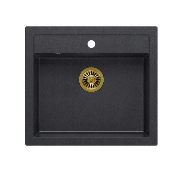 Quadri Farmhouse ländliche Einbau- oder Aufsatzspüle aus Granit in Anthrazit mit goldenem Stöpsel 595x540mm 1208967267