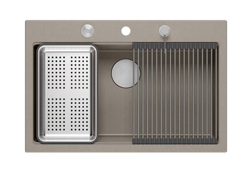 Quadri Hard Rock taupe Granit-Aufbauspüle groß 76x50cm inklusive Edelstahlstopfen und Zubehör 1208967270