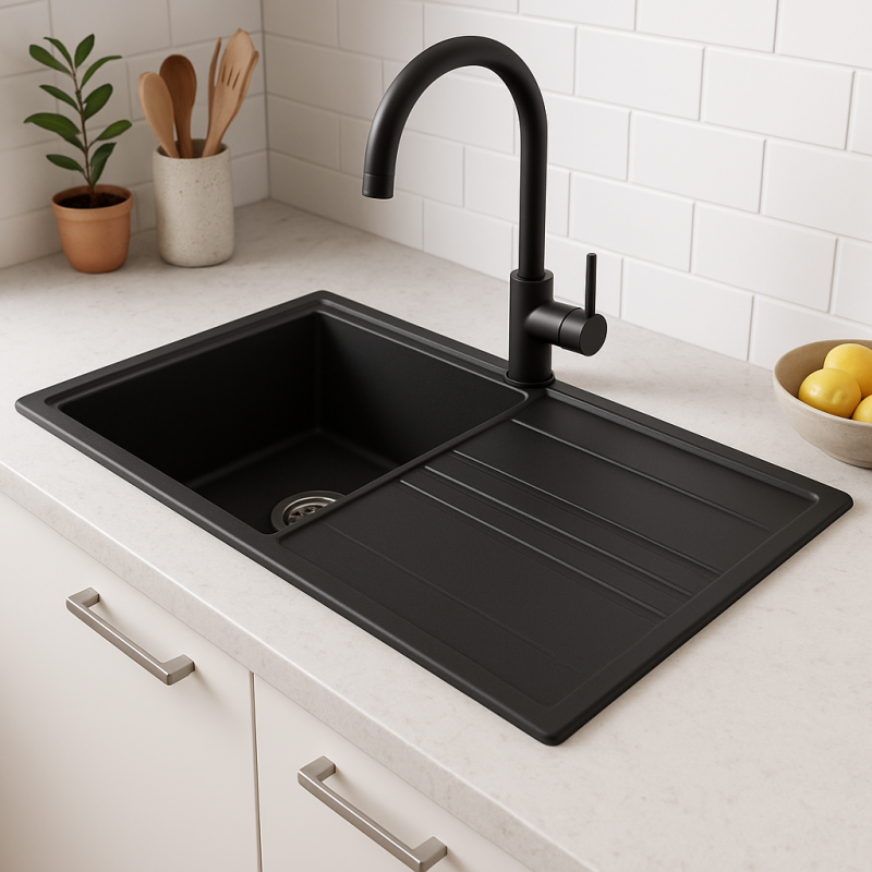 GraniteMy Vesi Granit Aufbau schwarzes Spülbecken 86x50cm mit Abtropffläche umkehrbar mit Edelstahlstopfen 1208967279
