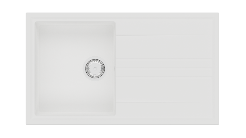 GraniteMy Vesi Granit Aufbau weißes Spülbecken 86x50cm mit Abtropffläche umkehrbar mit Edelstahlstopfen 1208967291