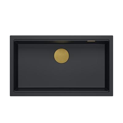 Quadri Newport II großes und tiefes Spülbecken Granit Aufsatz- und Unterbau schwarz Spülbecken 76x45cm mit goldenem Stöpsel 1208967307
