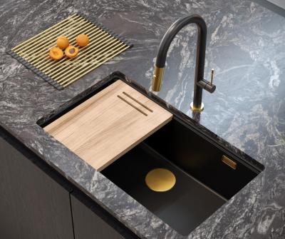 Quadri Newport II großes und tiefes Spülbecken Granit Aufsatz- und Unterbau schwarz Spülbecken 76x45cm mit goldenem Stöpsel 1208967307