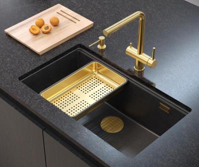Quadri Newport II großes und tiefes Spülbecken Granit Aufsatz- und Unterbau Anthrazit Spülbecken 76x45cm mit goldenem Stopfen 1208967312