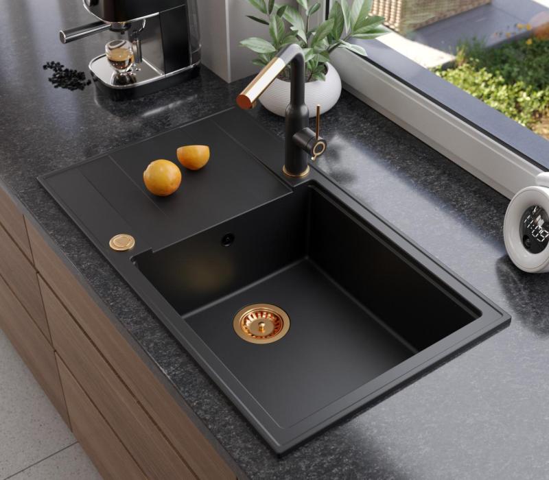Quadri Luton schwarze Granit-Spüle mit großem Abtropffläche, umkehrbar, 86x50 cm, mit Kupferstopfen 1208967326.