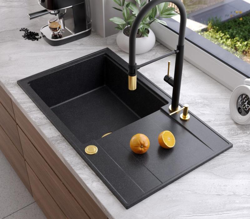 Quadri Luton schwarze Granit-Einbauspüle mit Abtropffläche, umkehrbar, 86x50cm mit goldenem Stopfen 1208967327