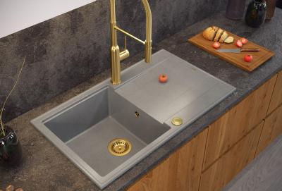 Quadri Luton graues Granit-Aufbauspülbecken mit Abtropffläche, umkehrbar 86x50cm, mit goldenem Stöpsel 1208967341
