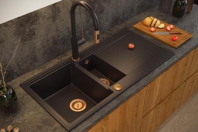 Quadri Luton schwarze Granit-Aufbauspüle 1,5 Becken mit Abtropffläche, umkehrbar, 100x50cm mit Kupferstopfen 1208967347