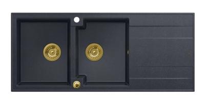 Quadri Luton Einbau-Doppelspülbecken aus Granit in Anthrazit mit Abtropffläche 116x50 cm mit goldenem Stöpsel 1208967364