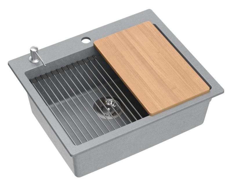 Quadri Durham grauer Granit-Aufbauspüle 595x500 mit Seifenspender, Schneidebrett, Einsatzbecken und Rollmatte 1208967378