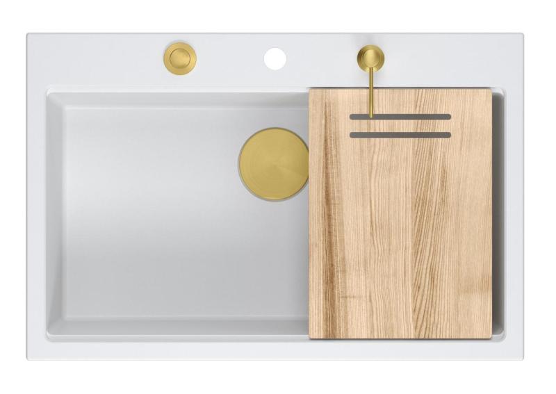 Quadri Hard Rock weißes Granit-Aufbauspülbecken groß 76x50cm inklusive goldener Ablaufgarnitur und Zubehör 1208967424