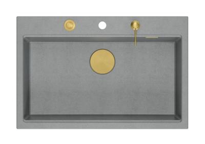 Quadri Hard Rock grauer Granit Aufsatzspüle große Spüle 76x50cm inklusive goldener Ablaufgarnitur und Zubehör 1208967432