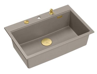 Quadri Hard Rock Taupe Granit Aufsatzspüle groß 76x50cm inklusive goldener Ablaufgarnitur und Zubehör 1208967436