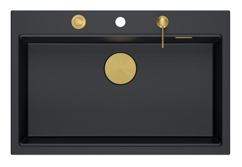 Quadri Hard Rock anthrazit Granit Aufsatzspüle große Spüle 76x50cm inklusive goldener Ablaufgarnitur und Zubehör 1208967444