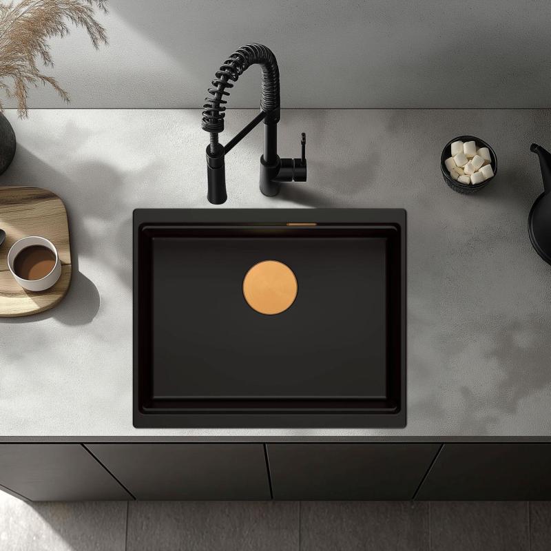Quadri Newport II Granit-Unterbauspüle Schwarz 560x450mm mit Kupferstopfen und Abdeckkappe 1208967450.