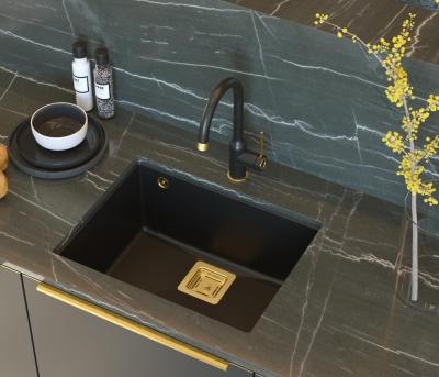 Quadri Quadrangle schwarze Granit-Unterbauspüle 55x42cm mit goldenem Stopfen 1208967475
