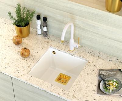 Quadri Quadrangle weißer Granit Unterbauspüle 42x42cm mit goldenem Stopfen 1208967489