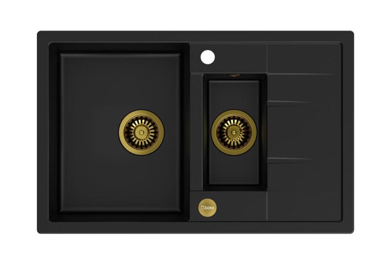 Quadri Brenton schwarzes Granit-Aufbaubecken 1,5 Becken mit Abtropffläche 78x50cm mit goldenem Stopfen 1208967554