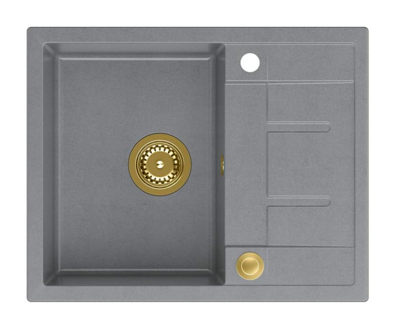 Quadri Dalton grauer Granit-Aufbauspülbecken mit Abtropffläche 62x50cm mit goldenem Stopfen 1208967565