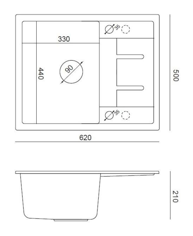 Quadri Dalton weiße Granit-Einbauspüle mit Abtropffläche 62x50cm mit goldenem Stopfen 1208967574